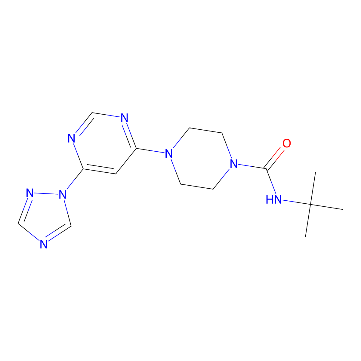 4-(6-(1H-1,2,4-triazol-1-yl)pyrimidin-4-yl)-N-(tert-butyl)piperazine-1-carboxamide molecular structure, CAS 1795083-42-9