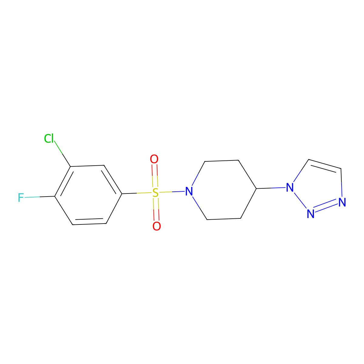 1-((3-chloro-4-fluorophenyl)sulfonyl)-4-(1H-1,2,3-triazol-1-yl)piperidine molecular structure, CAS 1795084-74-0