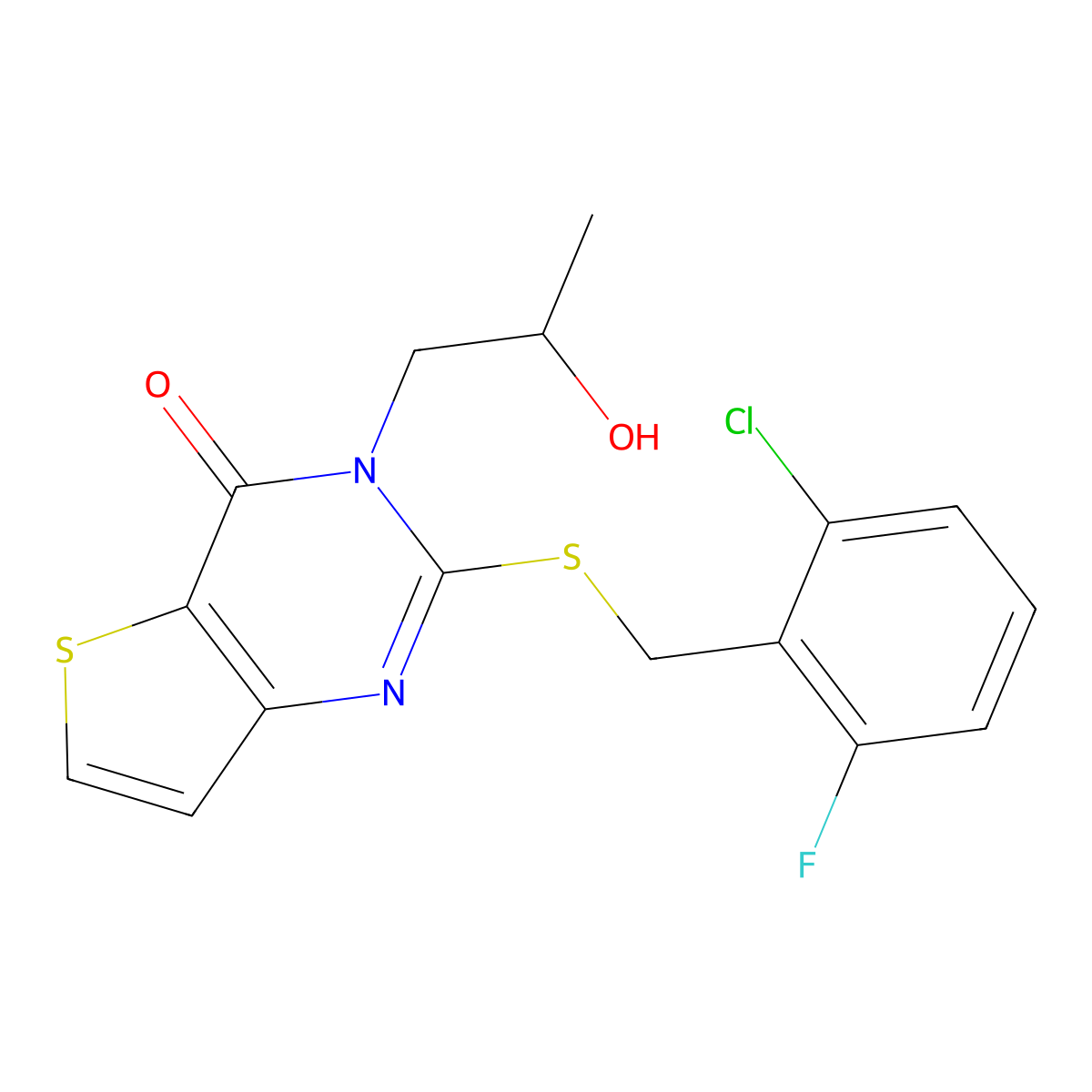 2-((2-chloro-6-fluorobenzyl)thio)-3-(2-hydroxypropyl)thieno[3,2-d]pyrimidin-4(3H)-one molecular structure, CAS 1795085-24-3