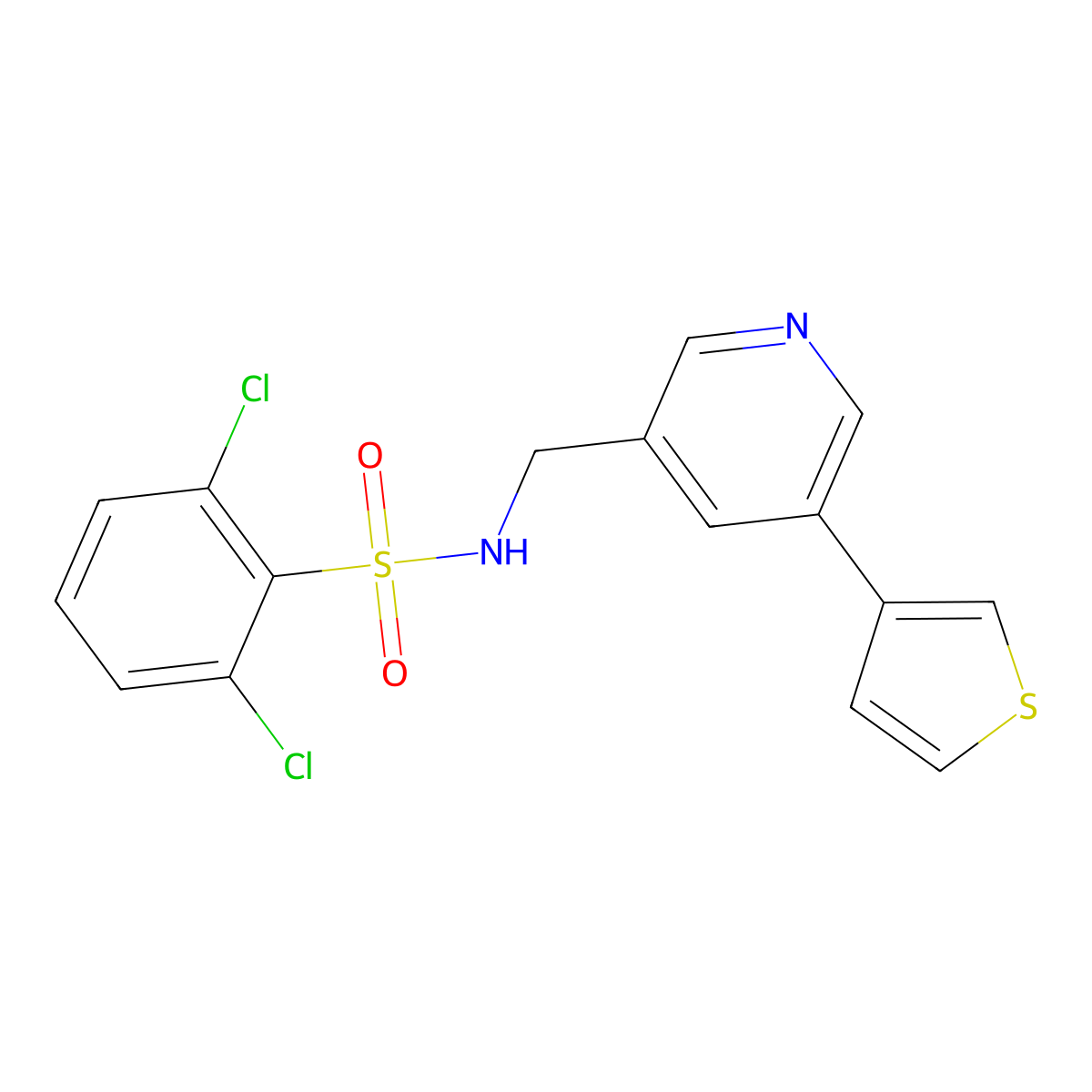 2,6-dichloro-N-((5-(thiophen-3-yl)pyridin-3-yl)methyl)benzenesulfonamide molecular structure, CAS 1795085-36-7