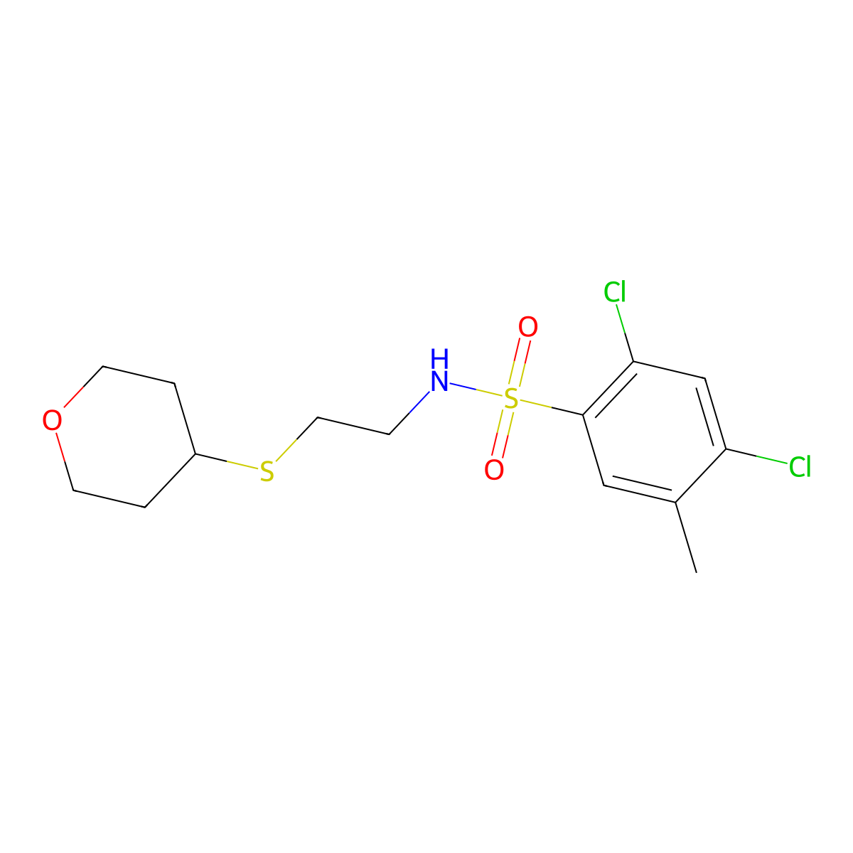 2,4-dichloro-5-methyl-N-(2-((tetrahydro-2H-pyran-4-yl)thio)ethyl)benzenesulfonamide molecular structure, CAS 1795085-43-6