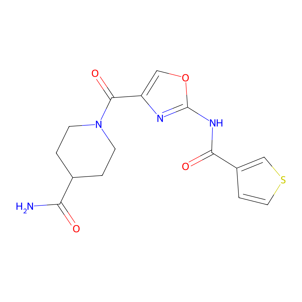 1-(2-(Thiophene-3-carboxamido)oxazole-4-carbonyl)piperidine-4-carboxamide molecular structure, CAS 1795085-87-8