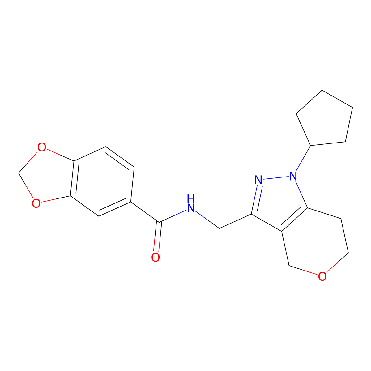 N-((1-cyclopentyl-1,4,6,7-tetrahydropyrano[4,3-c]pyrazol-3-yl)methyl)benzo[d][1,3]dioxole-5-carboxamide molecular structure, CAS 1795086-07-5