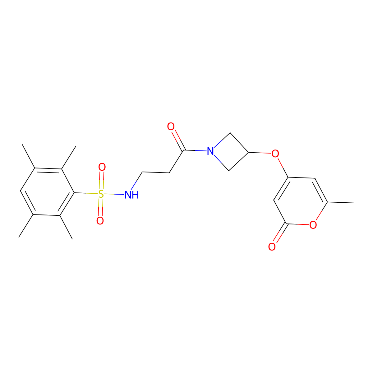 2,3,5,6-tetramethyl-N-(3-(3-((6-methyl-2-oxo-2H-pyran-4-yl)oxy)azetidin-1-yl)-3-oxopropyl)benzenesulfonamide molecular structure, CAS 1795086-31-5