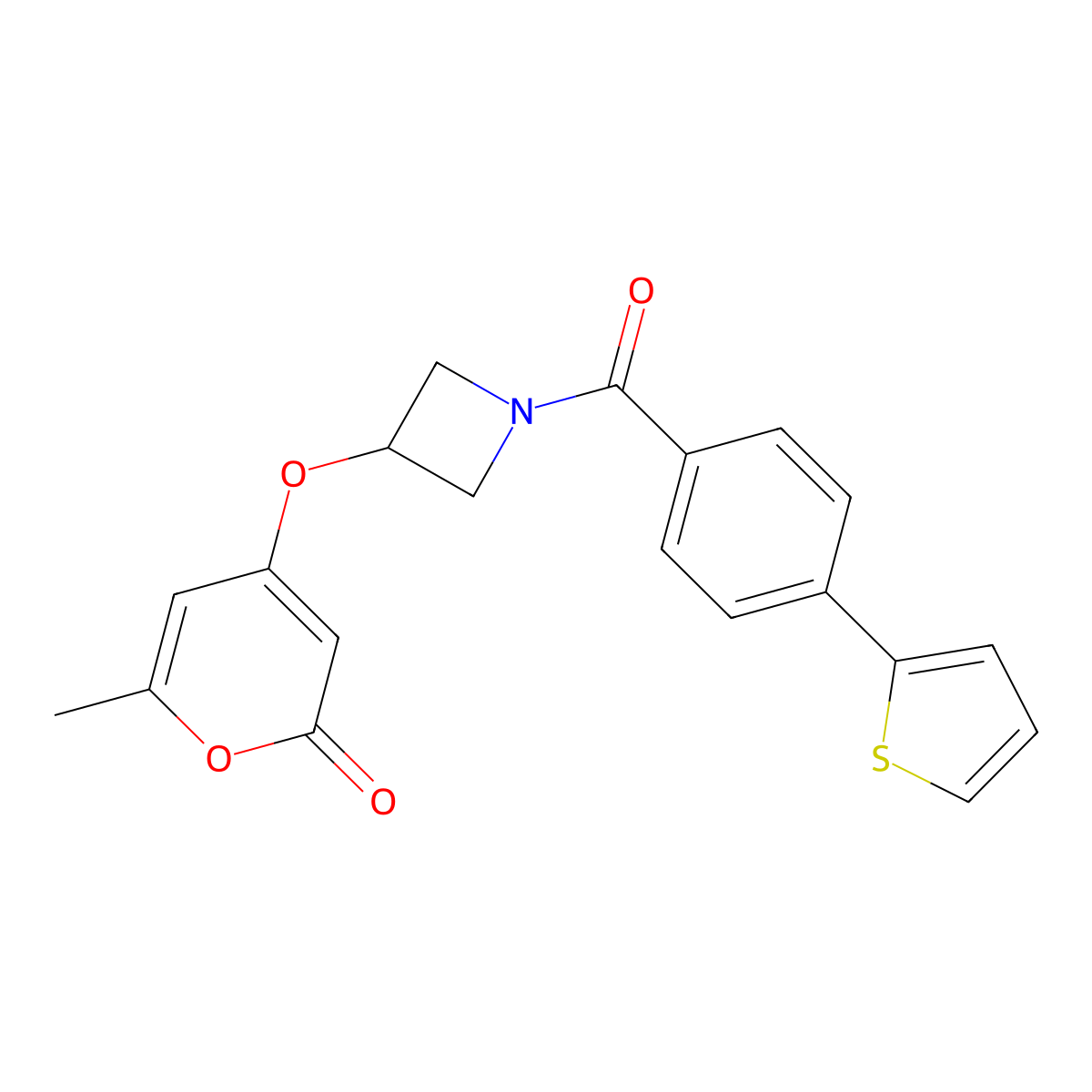 6-methyl-4-({1-[4-(thiophen-2-yl)benzoyl]azetidin-3-yl}oxy)-2H-pyran-2-one molecular structure, CAS 1795086-37-1