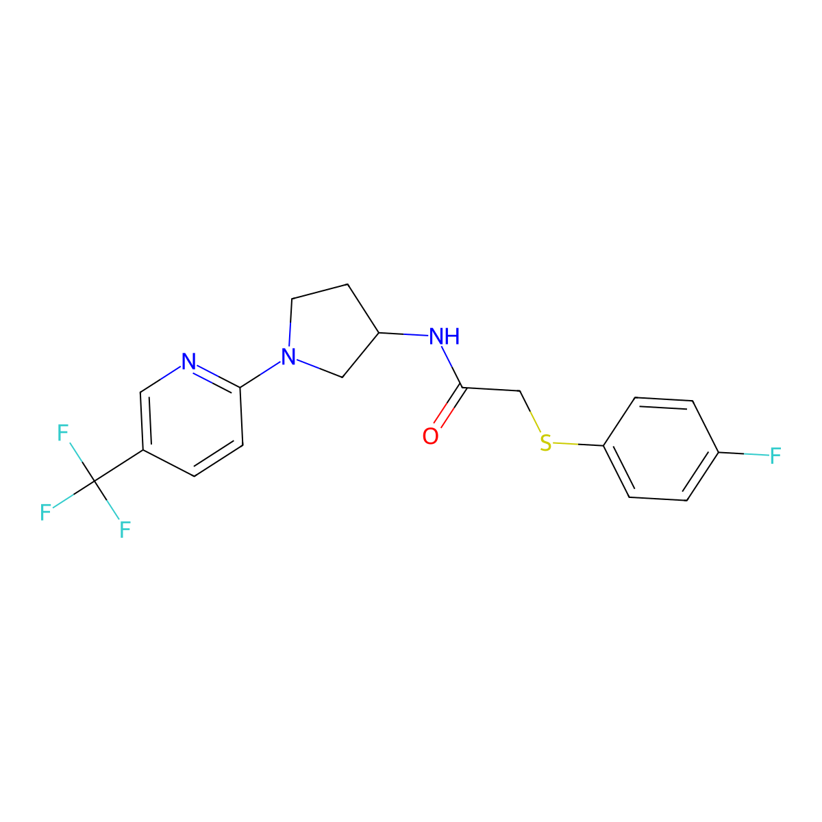2-((4-fluorophenyl)thio)-N-(1-(5-(trifluoromethyl)pyridin-2-yl)pyrrolidin-3-yl)acetamide molecular structure, CAS 1795086-65-5