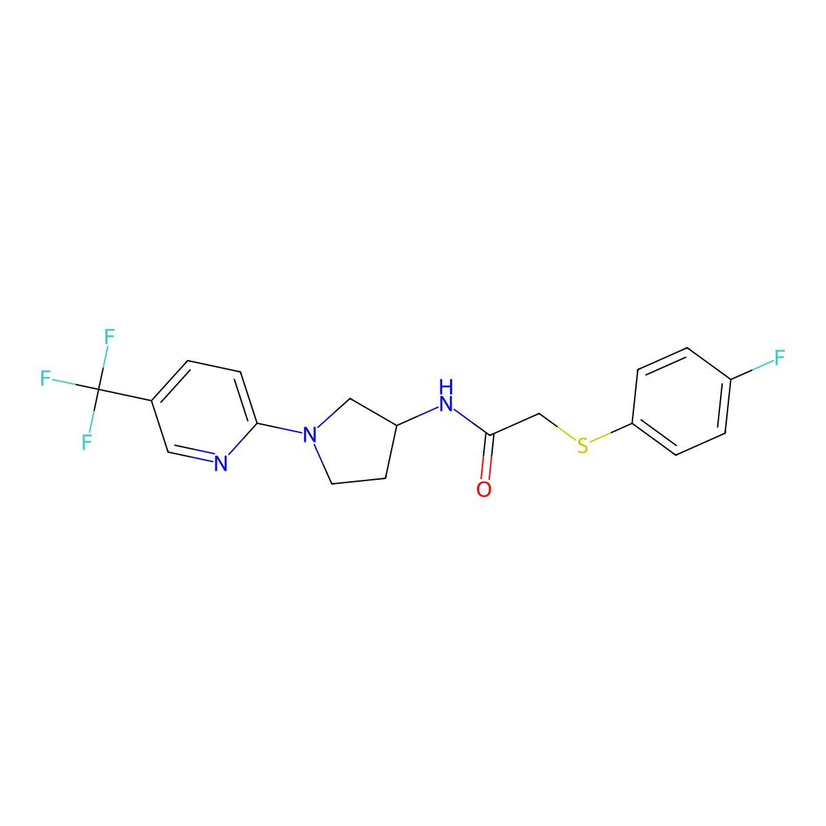 2-((4-fluorophenyl)thio)-N-(1-(5-(trifluoromethyl)pyridin-2-yl)pyrrolidin-3-yl)acetamide molecular structure, CAS 1795086-65-5