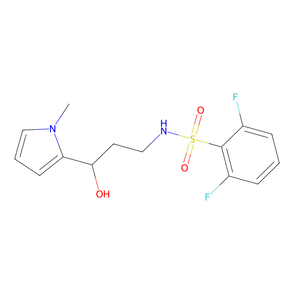 2,6-difluoro-N-(3-hydroxy-3-(1-methyl-1H-pyrrol-2-yl)propyl)benzenesulfonamide molecular structure, CAS 1795086-86-0
