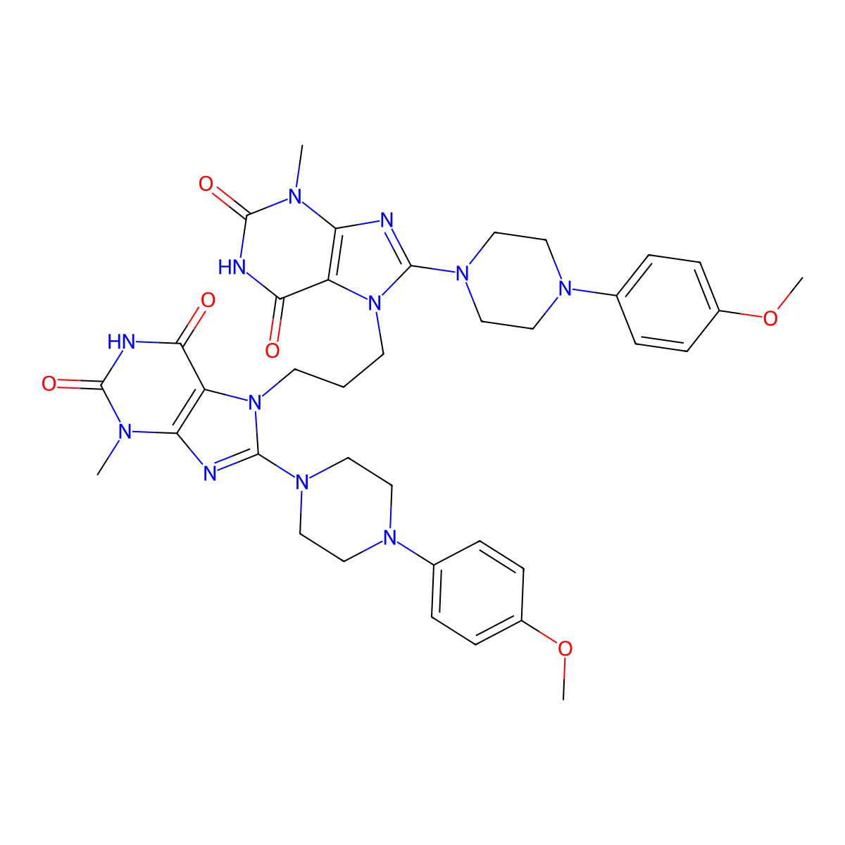 8-[4-(4-methoxyphenyl)piperazin-1-yl]-7-(3-{8-[4-(4-methoxyphenyl)piperazin-1-yl]-3-methyl-2,6-dioxo-2,3,6,7-tetrahydro-1H-purin-7-yl}propyl)-3-methyl-2,3,6,7-tetrahydro-1H-purine-2,6-dione molecular structure, CAS 1795087-20-5