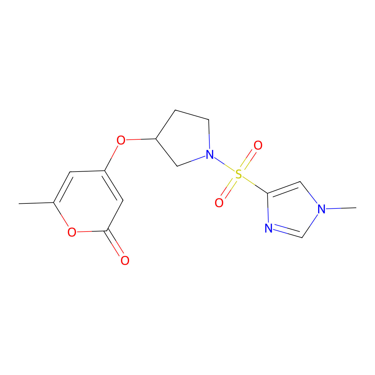 6-methyl-4-((1-((1-methyl-1H-imidazol-4-yl)sulfonyl)pyrrolidin-3-yl)oxy)-2H-pyran-2-one molecular structure, CAS 1795087-27-2