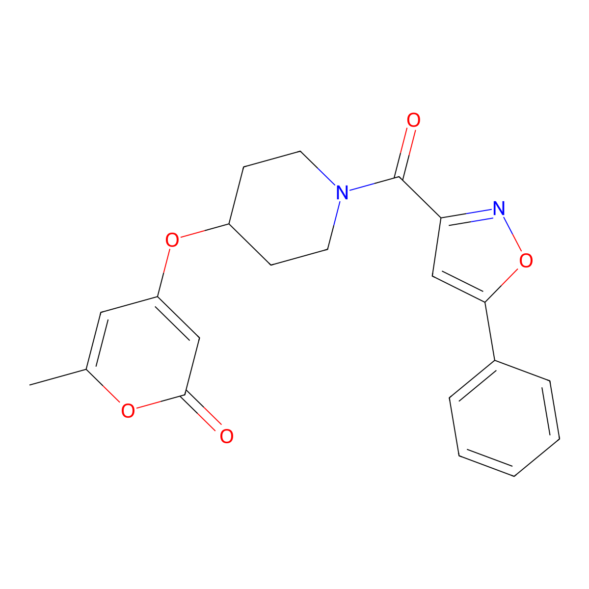6-methyl-4-((1-(5-phenylisoxazole-3-carbonyl)piperidin-4-yl)oxy)-2H-pyran-2-one molecular structure, CAS 1795087-30-7