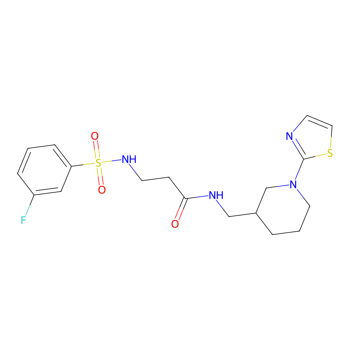3-(3-fluorophenylsulfonamido)-N-((1-(thiazol-2-yl)piperidin-3-yl)methyl)propanamide molecular structure, CAS 1795087-64-7