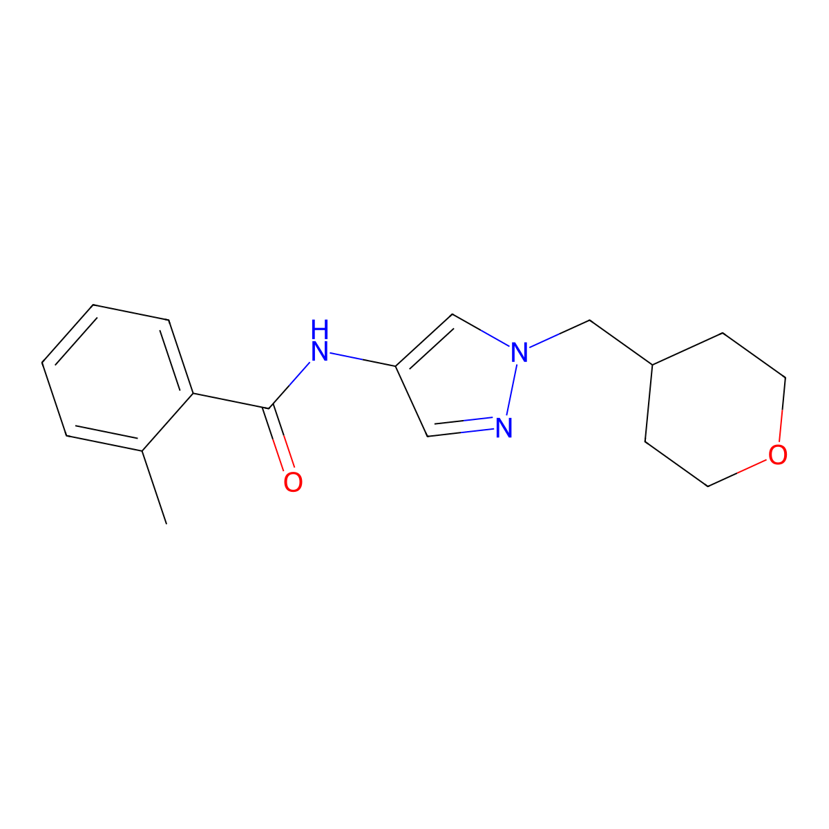 2-methyl-N-(1-((tetrahydro-2H-pyran-4-yl)methyl)-1H-pyrazol-4-yl)benzamide molecular structure, CAS 1795087-74-9