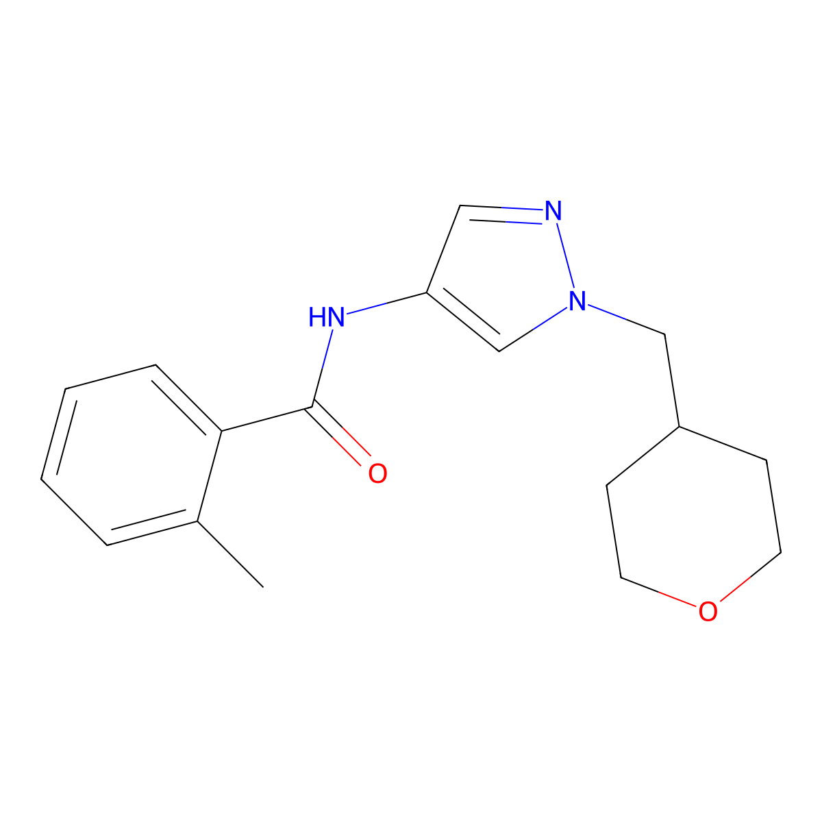 2-methyl-N-(1-((tetrahydro-2H-pyran-4-yl)methyl)-1H-pyrazol-4-yl)benzamide molecular structure, CAS 1795087-74-9