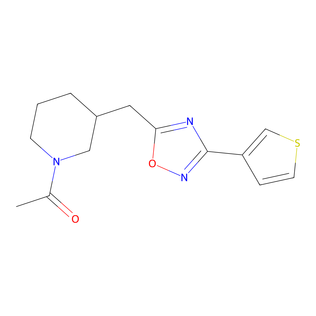 1-(3-((3-(Thiophen-3-yl)-1,2,4-oxadiazol-5-yl)methyl)piperidin-1-yl)ethanone molecular structure, CAS 1795088-80-0
