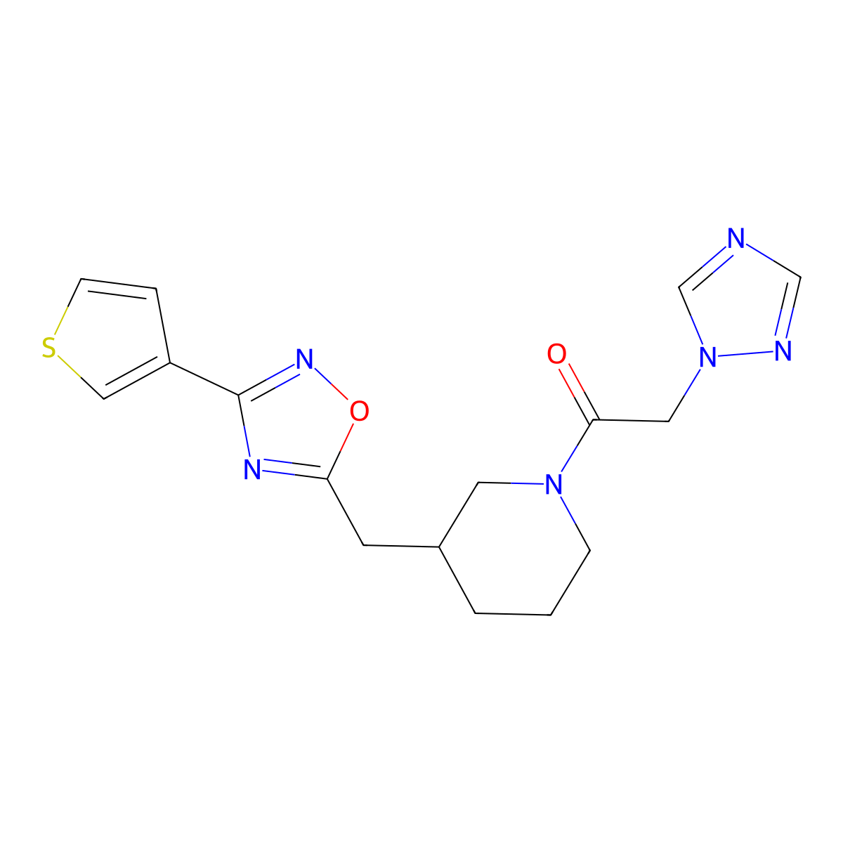1-(3-((3-(thiophen-3-yl)-1,2,4-oxadiazol-5-yl)methyl)piperidin-1-yl)-2-(1H-1,2,4-triazol-1-yl)ethanone molecular structure, CAS 1795088-86-6