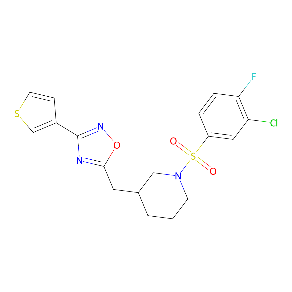 5-((1-((3-Chloro-4-fluorophenyl)sulfonyl)piperidin-3-yl)methyl)-3-(thiophen-3-yl)-1,2,4-oxadiazole molecular structure, CAS 1795088-97-9