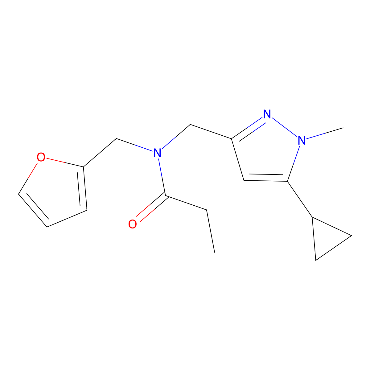 N-((5-cyclopropyl-1-methyl-1H-pyrazol-3-yl)methyl)-N-(furan-2-ylmethyl)propionamide molecular structure, CAS 1795089-00-7