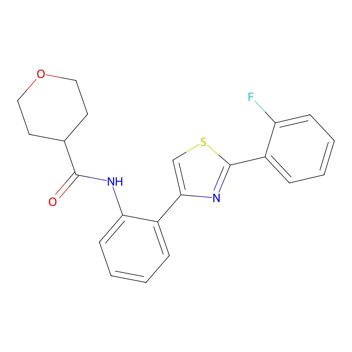 N-(2-(2-(2-fluorophenyl)thiazol-4-yl)phenyl)tetrahydro-2H-pyran-4-carboxamide molecular structure, CAS 1795089-11-0