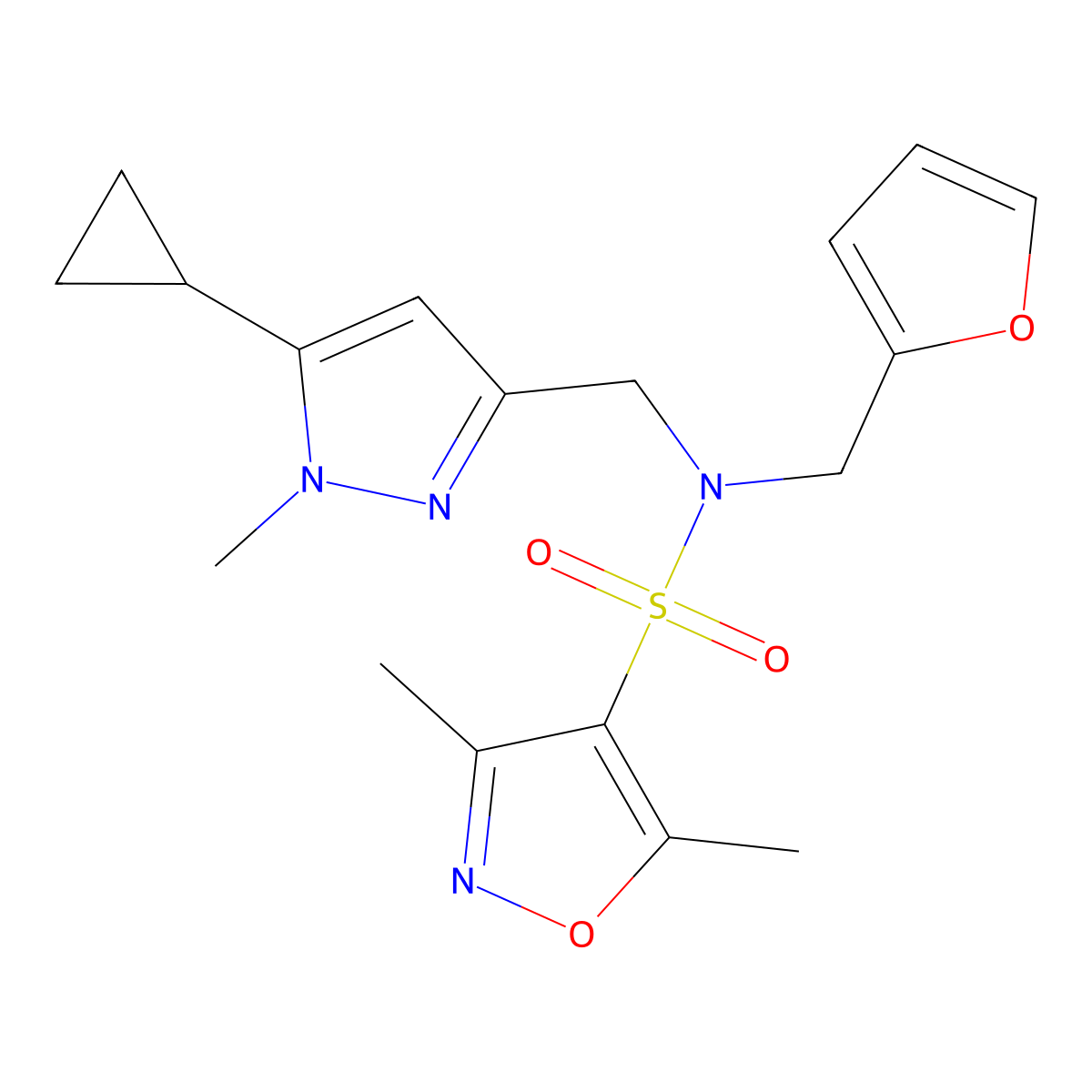 N-((5-cyclopropyl-1-methyl-1H-pyrazol-3-yl)methyl)-N-(furan-2-ylmethyl)-3,5-dimethylisoxazole-4-sulfonamide molecular structure, CAS 1795089-13-2
