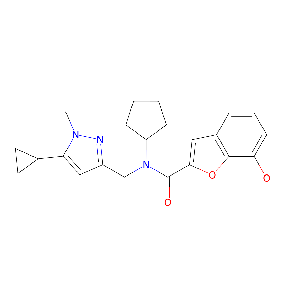 N-cyclopentyl-N-((5-cyclopropyl-1-methyl-1H-pyrazol-3-yl)methyl)-7-methoxybenzofuran-2-carboxamide molecular structure, CAS 1795089-19-8