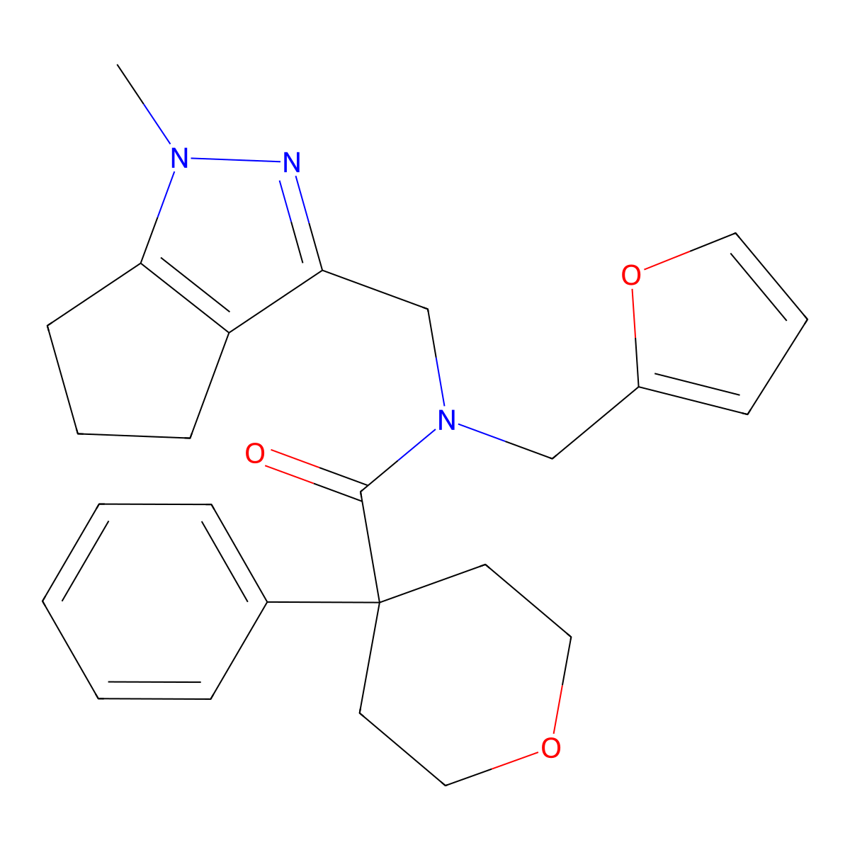 N-(furan-2-ylmethyl)-N-((1-methyl-1,4,5,6-tetrahydrocyclopenta[c]pyrazol-3-yl)methyl)-4-phenyltetrahydro-2H-pyran-4-carboxamide molecular structure, CAS 1795089-28-9