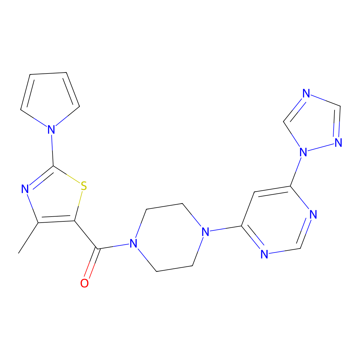 (4-(6-(1H-1,2,4-triazol-1-yl)pyrimidin-4-yl)piperazin-1-yl)(4-methyl-2-(1H-pyrrol-1-yl)thiazol-5-yl)methanone molecular structure, CAS 1795089-34-7