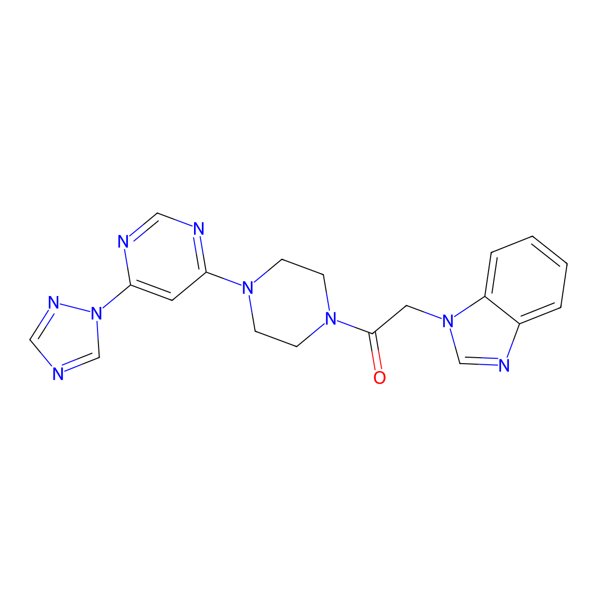 1-(4-(6-(1H-1,2,4-triazol-1-yl)pyrimidin-4-yl)piperazin-1-yl)-2-(1H-benzo[d]imidazol-1-yl)ethanone molecular structure, CAS 1795089-38-1