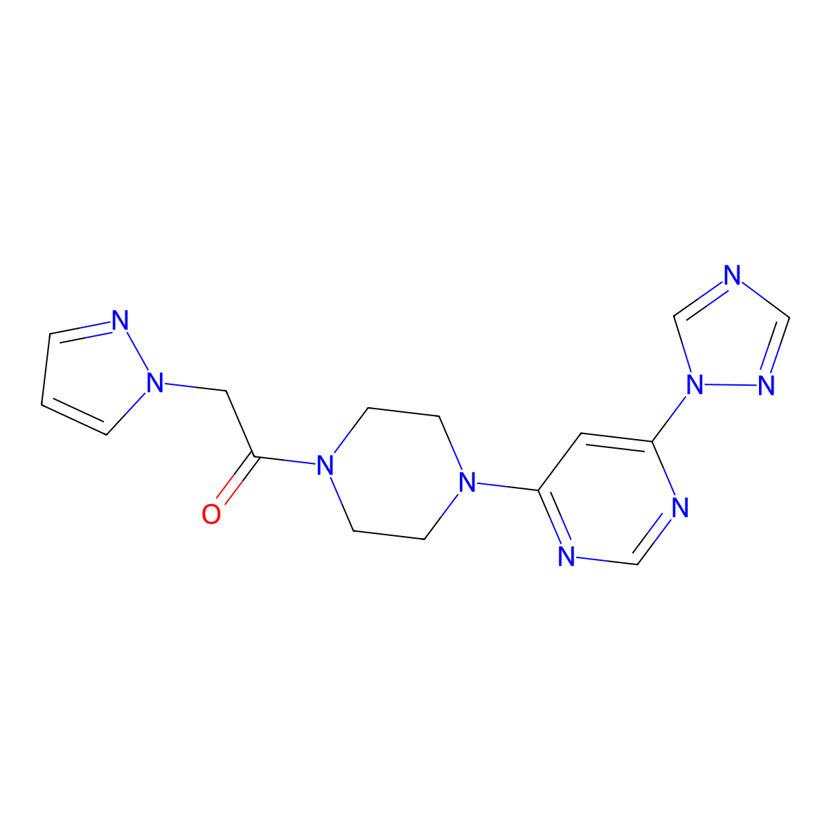 1-(4-(6-(1H-1,2,4-triazol-1-yl)pyrimidin-4-yl)piperazin-1-yl)-2-(1H-pyrazol-1-yl)ethanone molecular structure, CAS 1795089-43-8