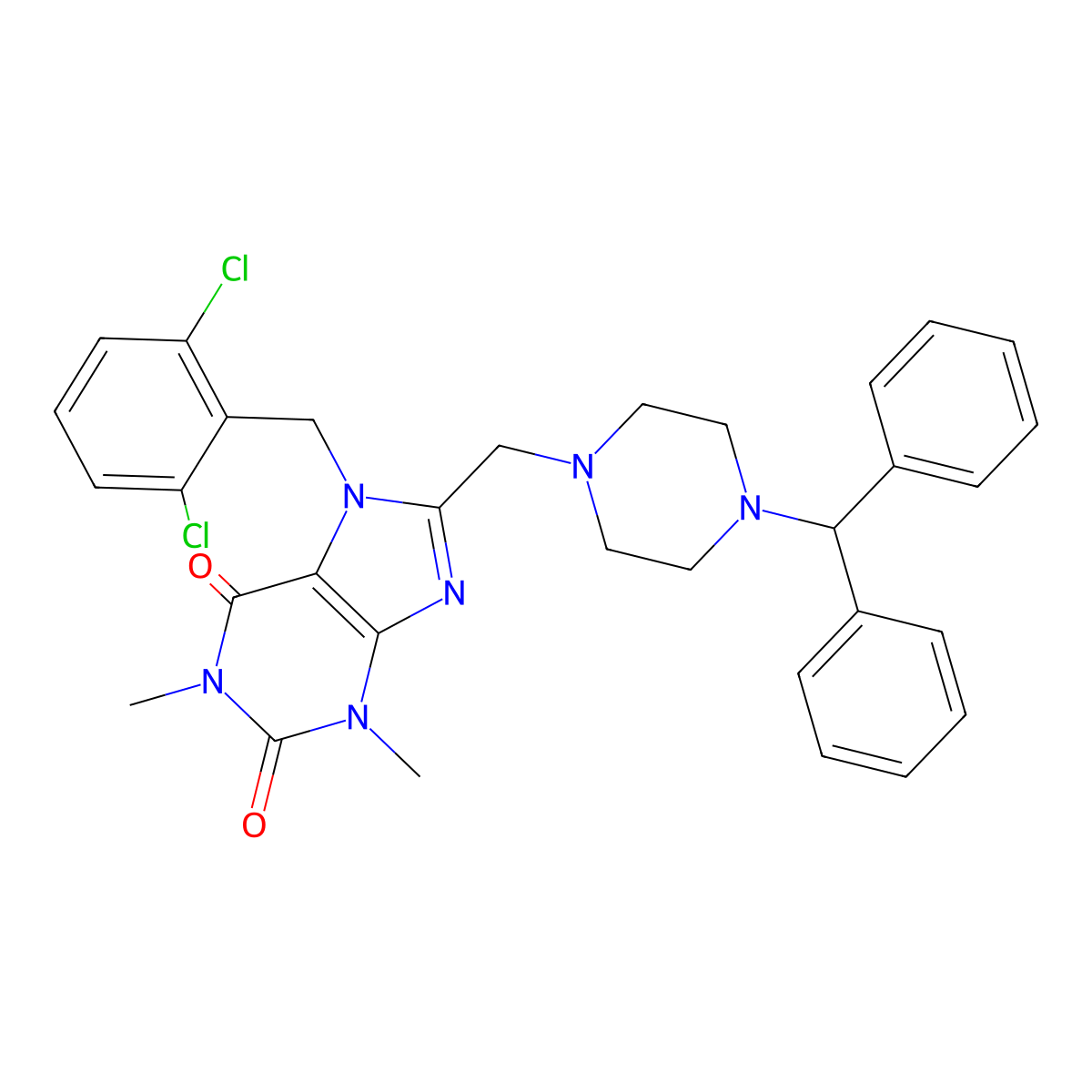 7-[(2,6-dichlorophenyl)methyl]-8-{[4-(diphenylmethyl)piperazin-1-yl]methyl}-1,3-dimethyl-2,3,6,7-tetrahydro-1H-purine-2,6-dione molecular structure, CAS 1795089-53-0