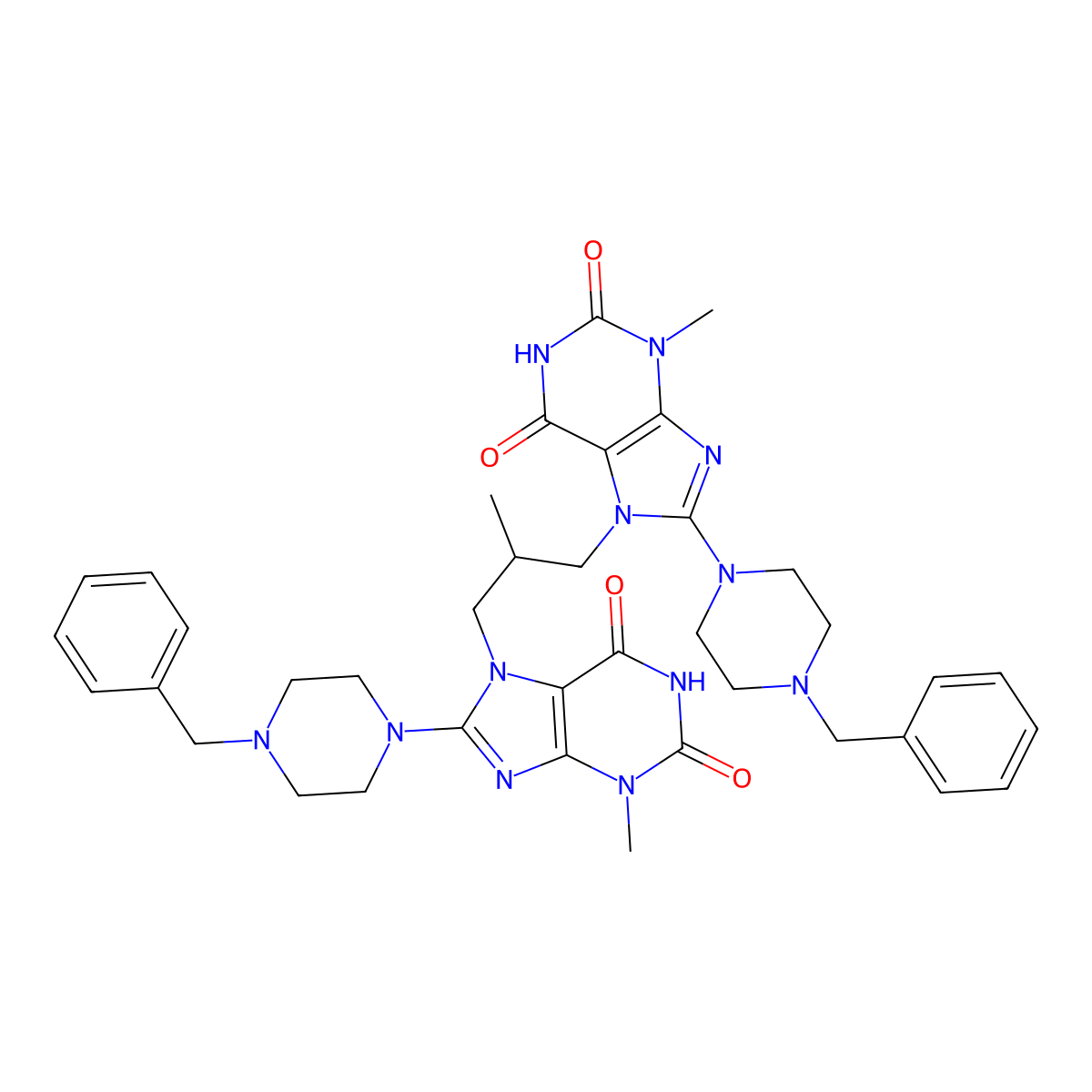 8-(4-benzylpiperazin-1-yl)-7-(2-{[8-(4-benzylpiperazin-1-yl)-3-methyl-2,6-dioxo-2,3,6,7-tetrahydro-1H-purin-7-yl]methyl}propyl)-3-methyl-2,3,6,7-tetrahydro-1H-purine-2,6-dione molecular structure, CAS 1795089-58-5