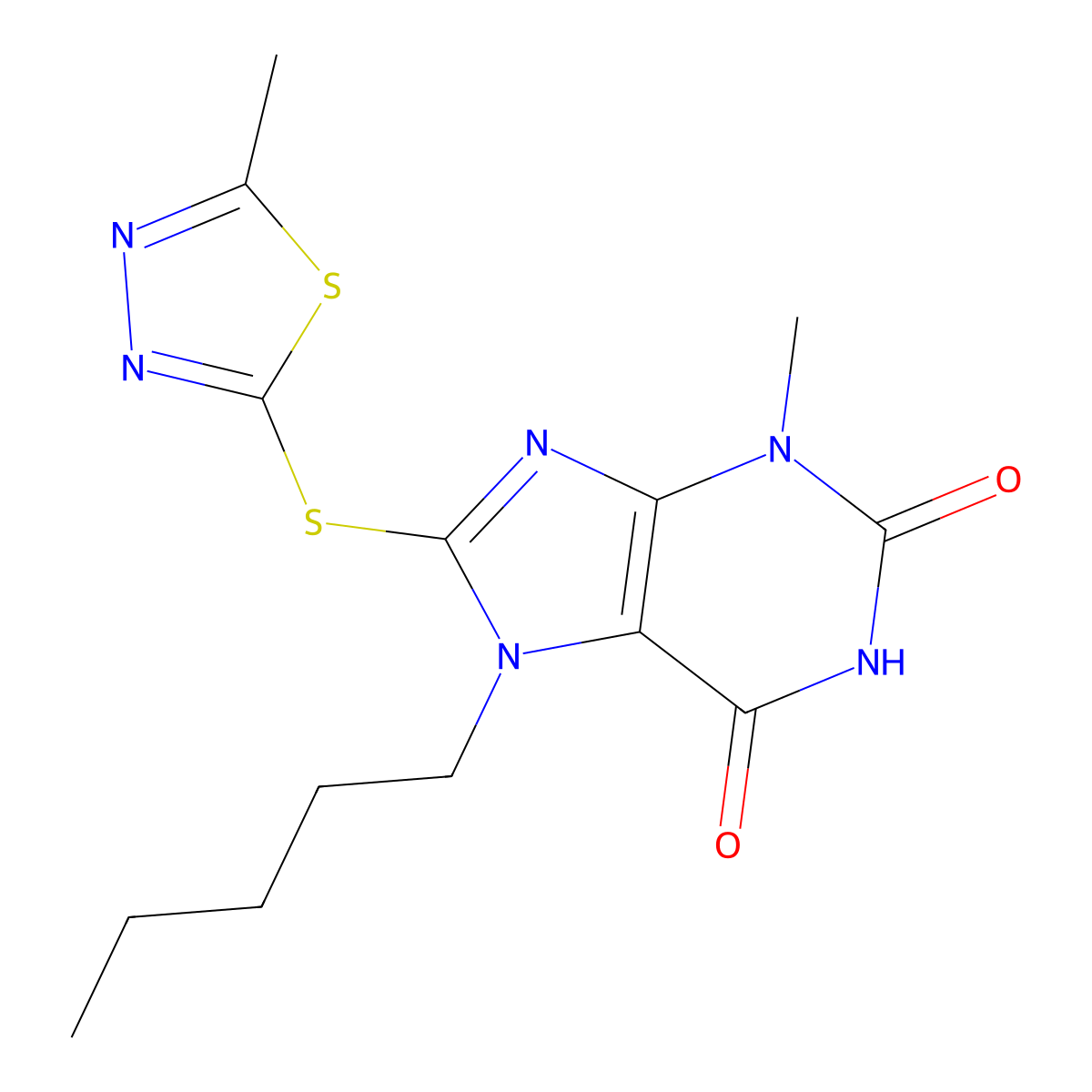 3-methyl-8-[(5-methyl-1,3,4-thiadiazol-2-yl)sulfanyl]-7-pentyl-2,3,6,7-tetrahydro-1H-purine-2,6-dione molecular structure, CAS 1795089-64-3