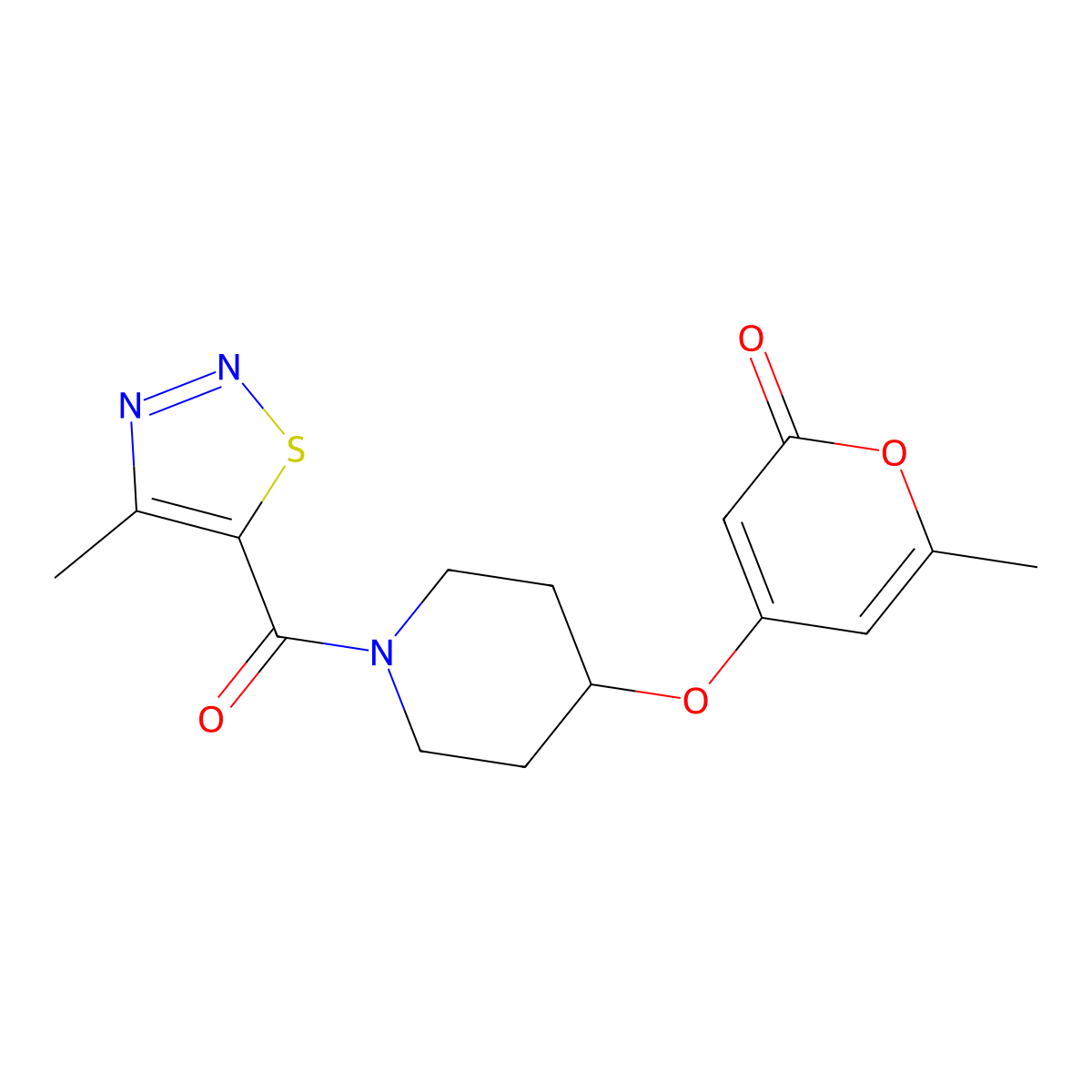 6-methyl-4-((1-(4-methyl-1,2,3-thiadiazole-5-carbonyl)piperidin-4-yl)oxy)-2H-pyran-2-one molecular structure, CAS 1795089-84-7