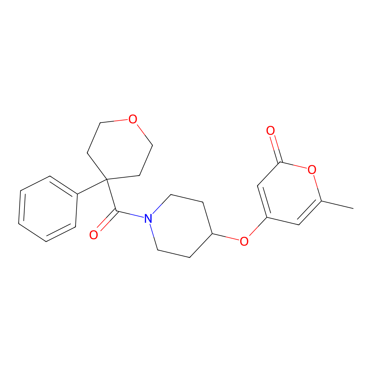 6-methyl-4-((1-(4-phenyltetrahydro-2H-pyran-4-carbonyl)piperidin-4-yl)oxy)-2H-pyran-2-one molecular structure, CAS 1795089-94-9