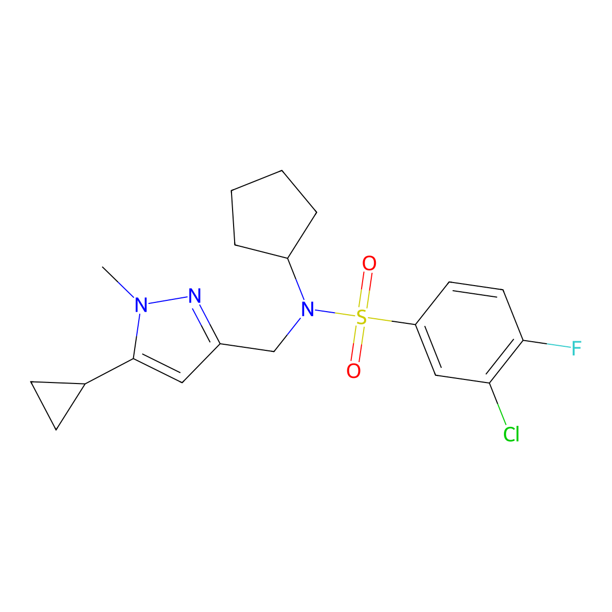 3-chloro-N-cyclopentyl-N-((5-cyclopropyl-1-methyl-1H-pyrazol-3-yl)methyl)-4-fluorobenzenesulfonamide molecular structure, CAS 1795090-16-2