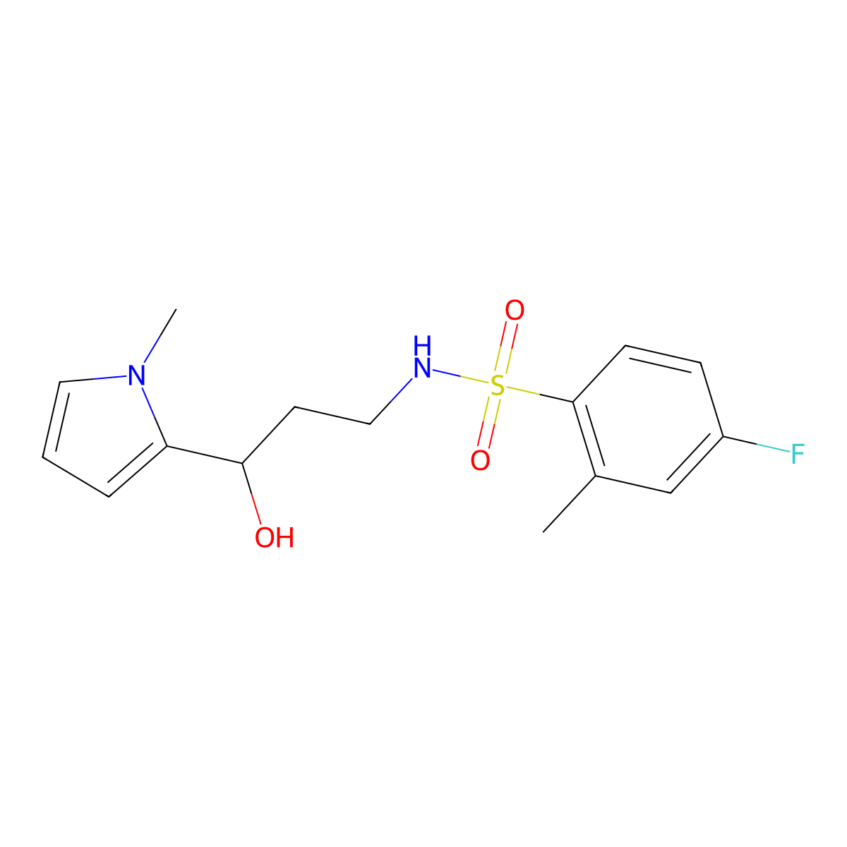 4-fluoro-N-(3-hydroxy-3-(1-methyl-1H-pyrrol-2-yl)propyl)-2-methylbenzenesulfonamide molecular structure, CAS 1795090-37-7