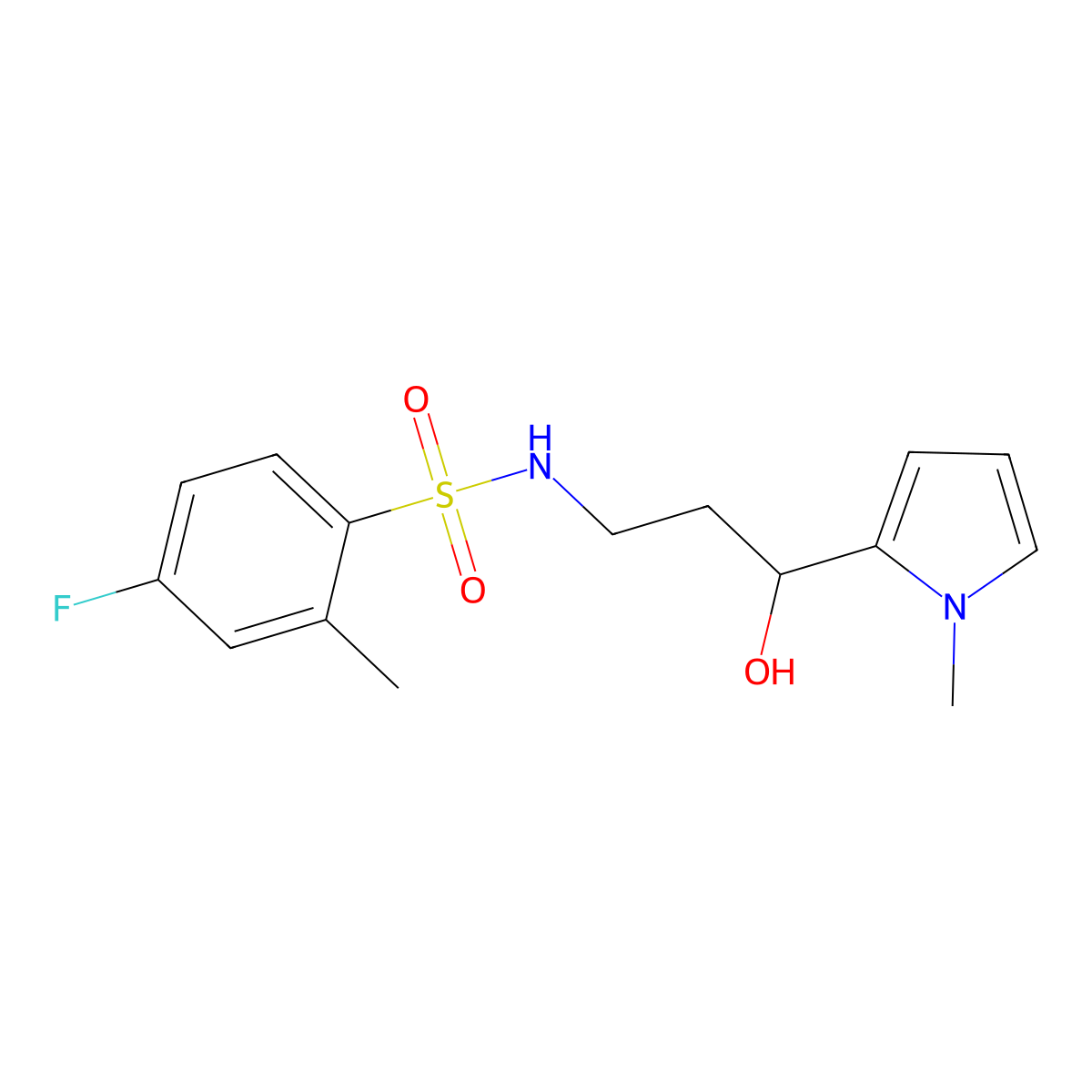 4-fluoro-N-(3-hydroxy-3-(1-methyl-1H-pyrrol-2-yl)propyl)-2-methylbenzenesulfonamide molecular structure, CAS 1795090-37-7