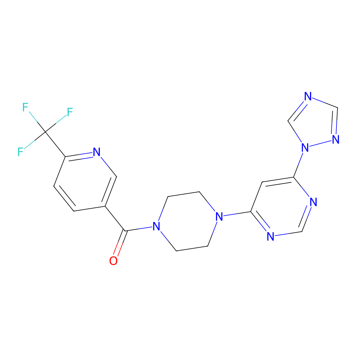 (4-(6-(1H-1,2,4-triazol-1-yl)pyrimidin-4-yl)piperazin-1-yl)(6-(trifluoromethyl)pyridin-3-yl)methanone molecular structure, CAS 1795189-79-5