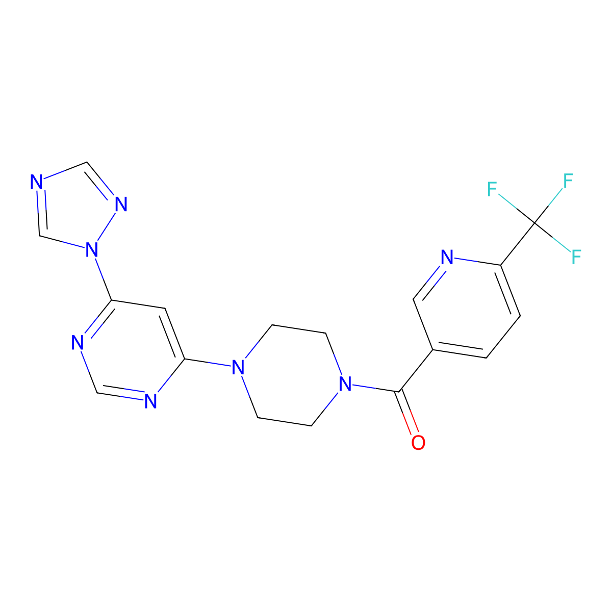 (4-(6-(1H-1,2,4-triazol-1-yl)pyrimidin-4-yl)piperazin-1-yl)(6-(trifluoromethyl)pyridin-3-yl)methanone molecular structure, CAS 1795189-79-5