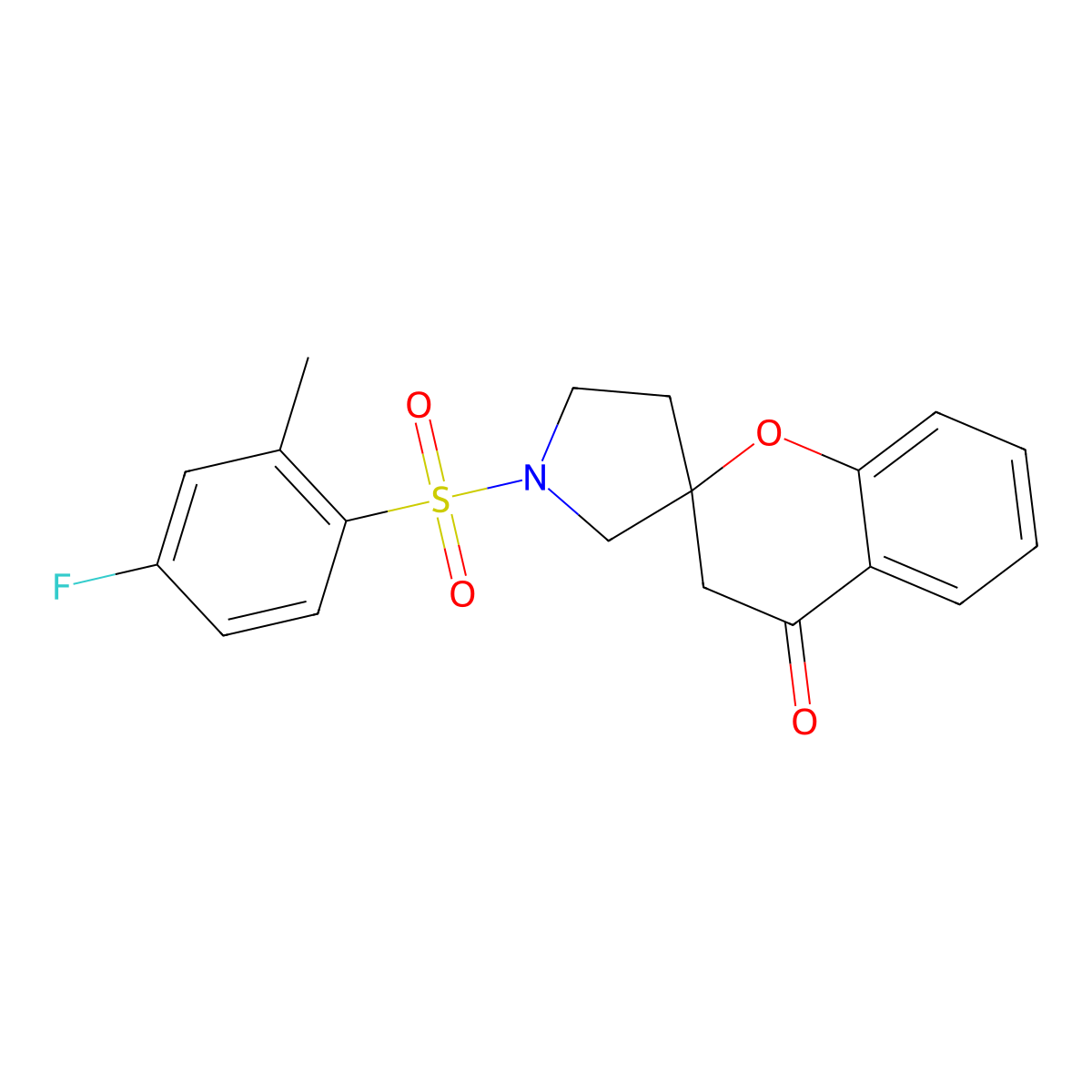 1'-((4-Fluoro-2-methylphenyl)sulfonyl)spiro[chroman-2,3'-pyrrolidin]-4-one molecular structure, CAS 1795189-88-6