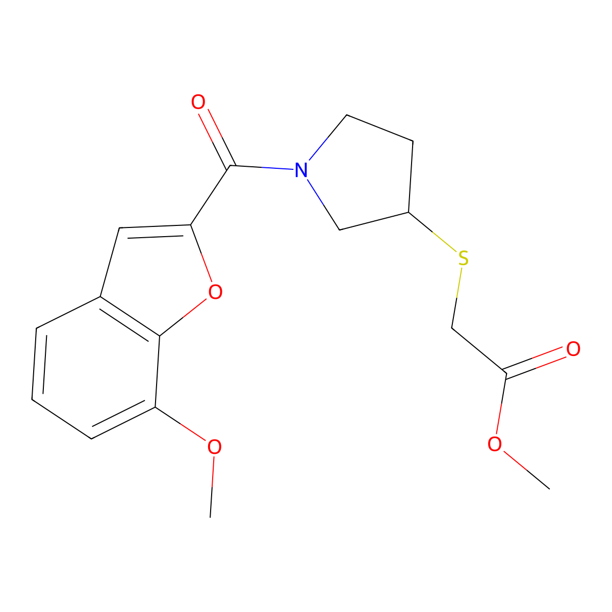 Methyl 2-((1-(7-methoxybenzofuran-2-carbonyl)pyrrolidin-3-yl)thio)acetate molecular structure, CAS 1795190-27-0
