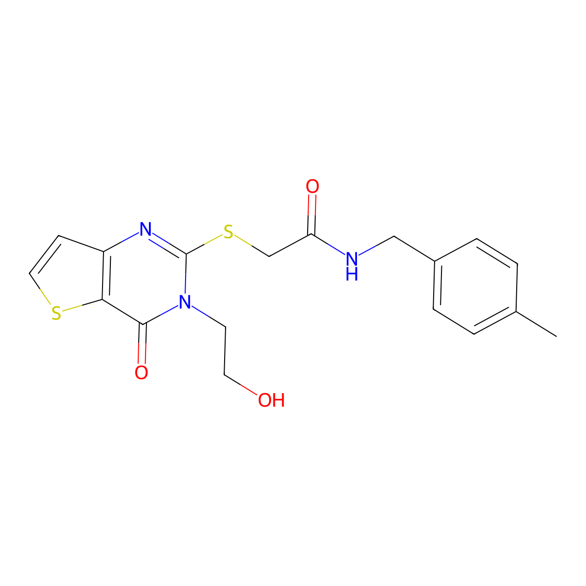 2-((3-(2-hydroxyethyl)-4-oxo-3,4-dihydrothieno[3,2-d]pyrimidin-2-yl)thio)-N-(4-methylbenzyl)acetamide molecular structure, CAS 1795190-52-1