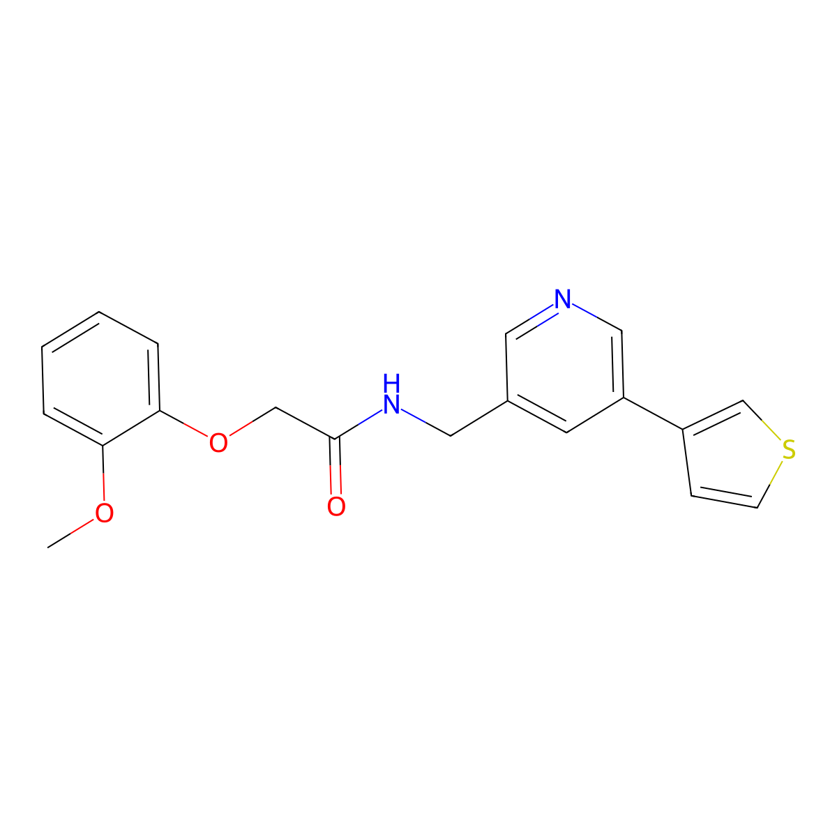 2-(2-methoxyphenoxy)-N-{[5-(thiophen-3-yl)pyridin-3-yl]methyl}acetamide molecular structure, CAS 1795190-77-0