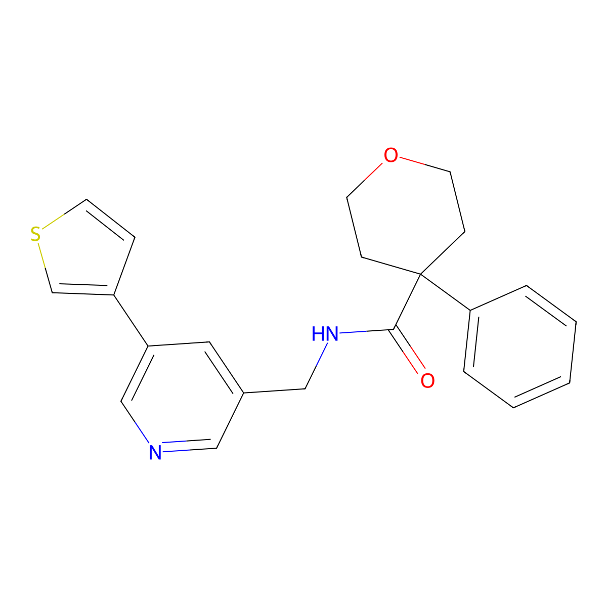 4-phenyl-N-((5-(thiophen-3-yl)pyridin-3-yl)methyl)tetrahydro-2H-pyran-4-carboxamide molecular structure, CAS 1795190-81-6