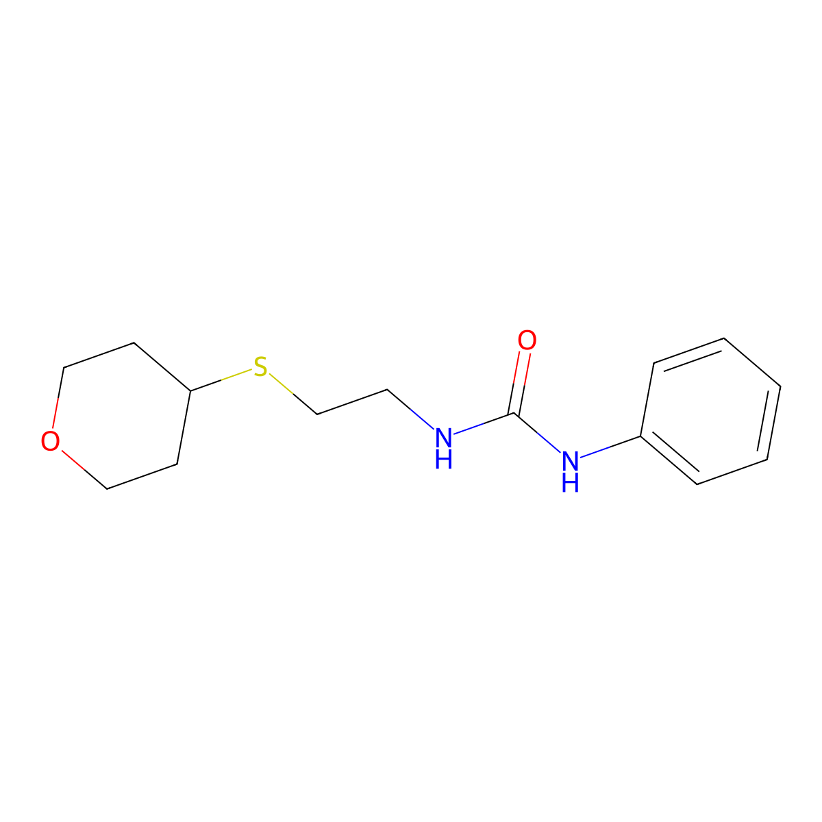 1-phenyl-3-(2-((tetrahydro-2H-pyran-4-yl)thio)ethyl)urea molecular structure, CAS 1795191-13-7