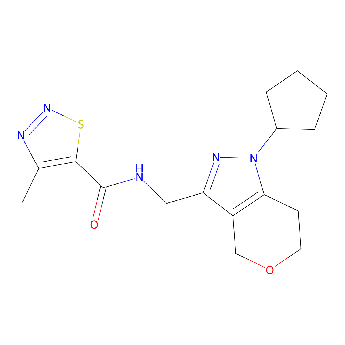 N-((1-cyclopentyl-1,4,6,7-tetrahydropyrano[4,3-c]pyrazol-3-yl)methyl)-4-methyl-1,2,3-thiadiazole-5-carboxamide molecular structure, CAS 1795191-38-6