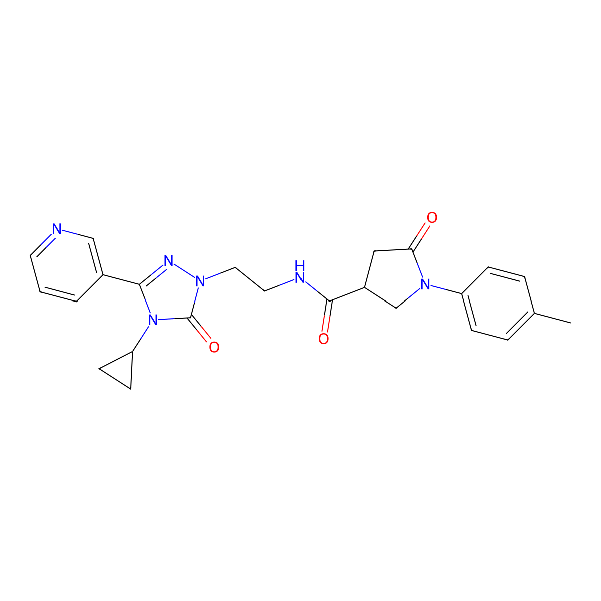 N-(2-(4-cyclopropyl-5-oxo-3-(pyridin-3-yl)-4,5-dihydro-1H-1,2,4-triazol-1-yl)ethyl)-5-oxo-1-(p-tolyl)pyrrolidine-3-carboxamide molecular structure, CAS 1795191-84-2