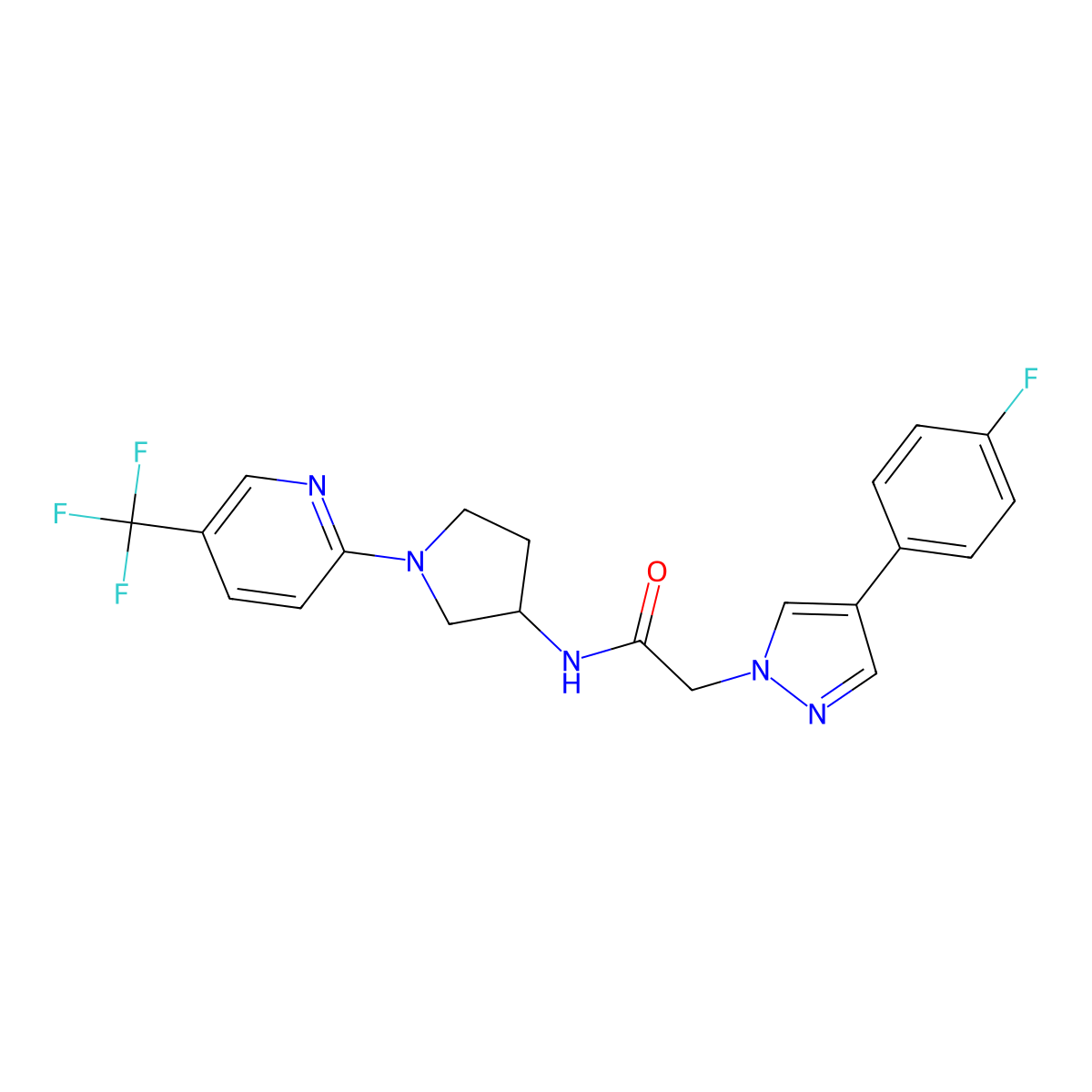2-(4-(4-fluorophenyl)-1H-pyrazol-1-yl)-N-(1-(5-(trifluoromethyl)pyridin-2-yl)pyrrolidin-3-yl)acetamide molecular structure, CAS 1795192-89-0