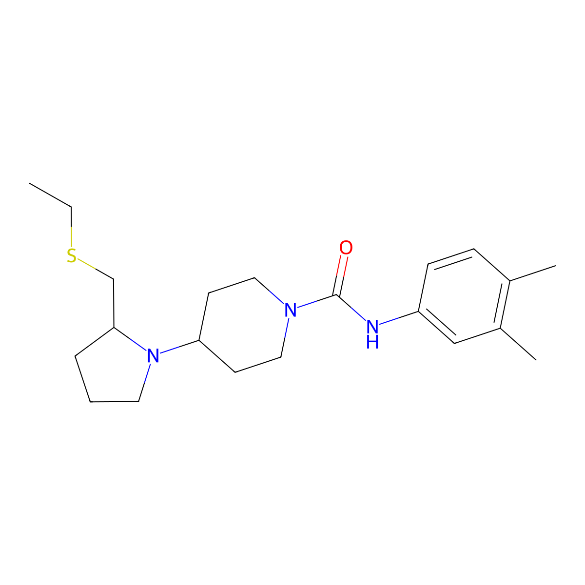 N-(3,4-dimethylphenyl)-4-(2-((ethylthio)methyl)pyrrolidin-1-yl)piperidine-1-carboxamide molecular structure, CAS 1795192-97-0