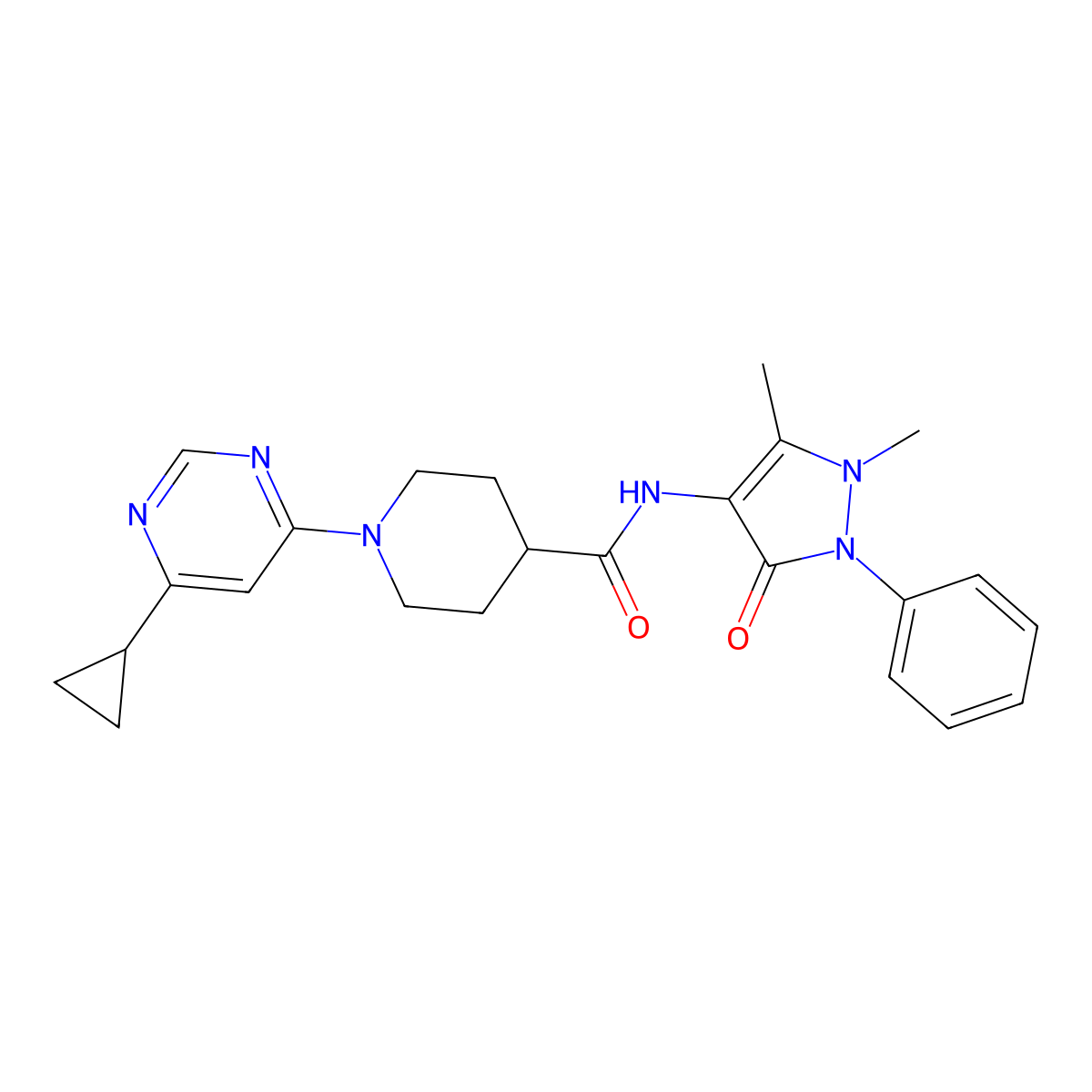 1-(6-cyclopropylpyrimidin-4-yl)-N-(1,5-dimethyl-3-oxo-2-phenyl-2,3-dihydro-1H-pyrazol-4-yl)piperidine-4-carboxamide molecular structure, CAS 1795193-41-7